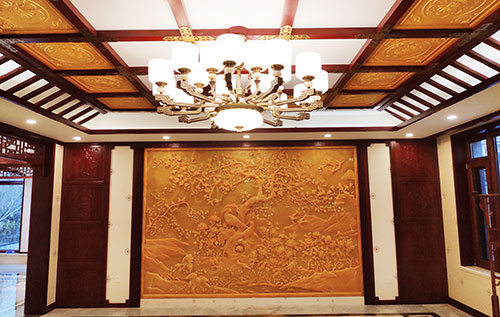 廉江中式别墅客厅中式木作横梁吊顶装饰展示